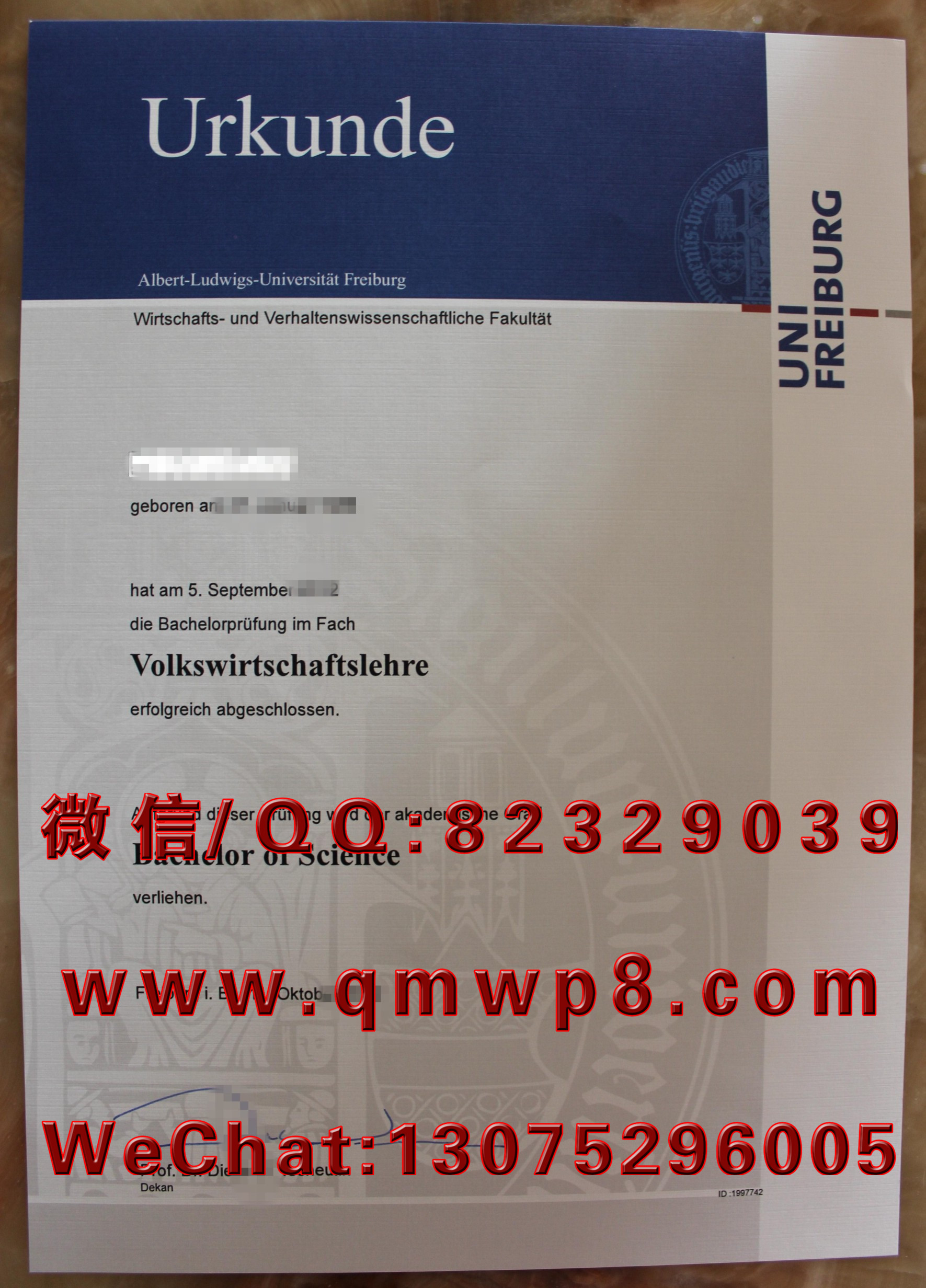 德国弗赖堡大学毕业证学历文凭学位证书排版电子版